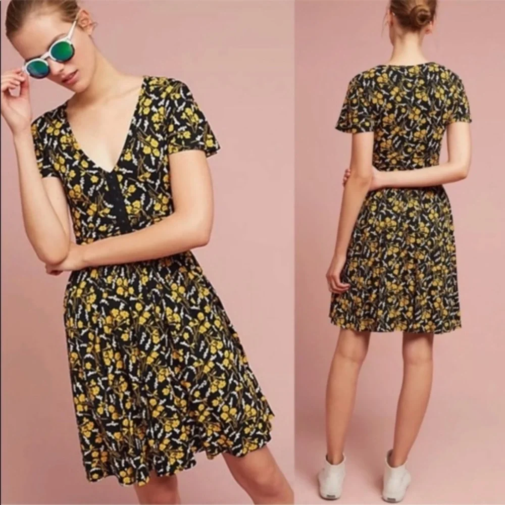 Anthro Maeve Black & Marigold Yellow Floral Swing Sundress Dress - Picture 3 of 16